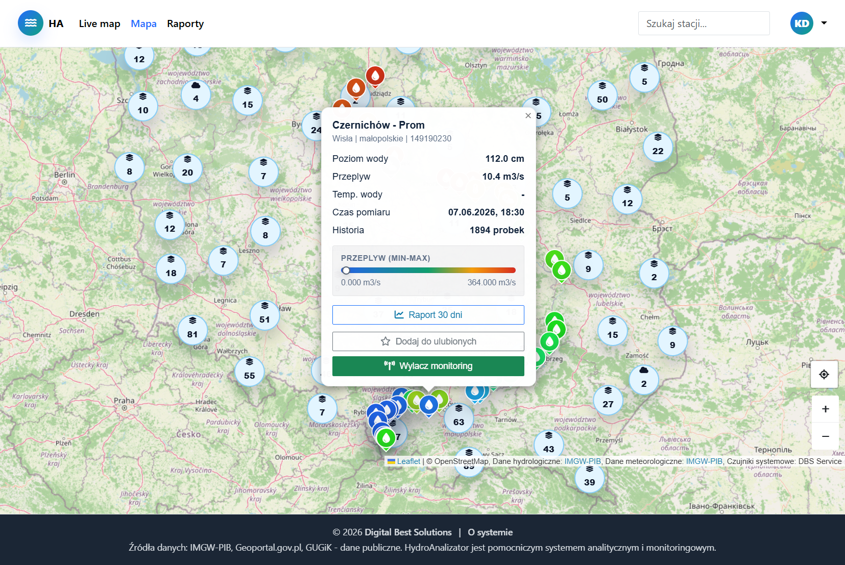 Mapa stacji i panel HydroAnalizatora